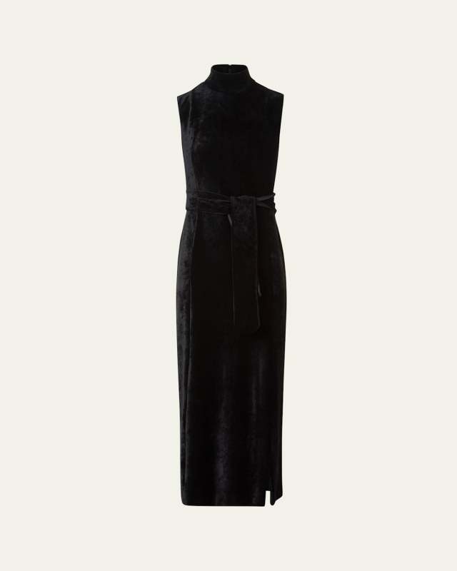 Mock-Neck Belted Velvet Jersey Midi Dress